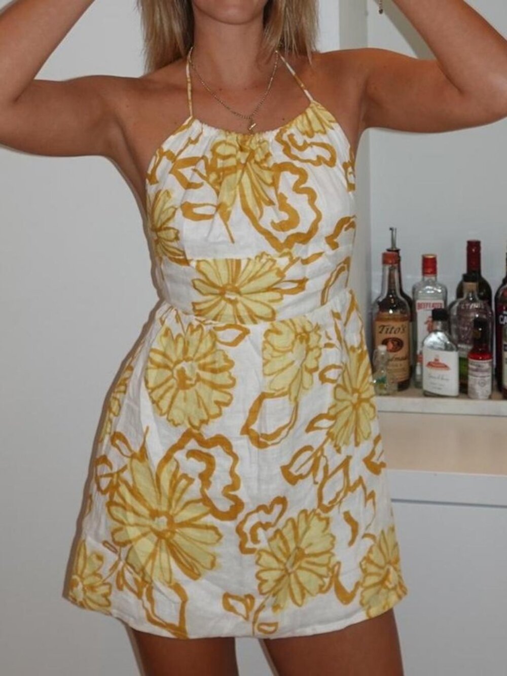 Faithfull the Brand Yellow and White Floral Mini Dress - Halter Neck and Tie Bac